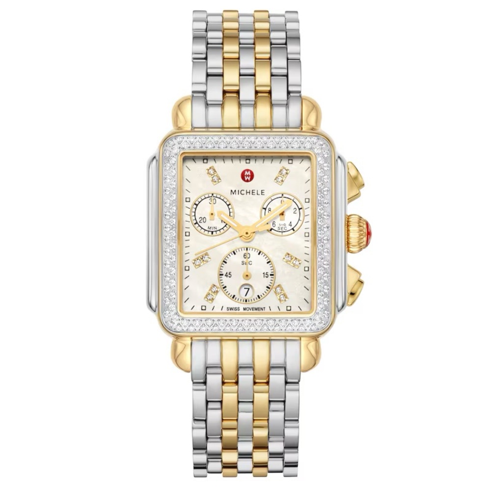MICHELE Two-Tone Gold and Silver Watch Diamond Halo Mother of Pearl Chronograph